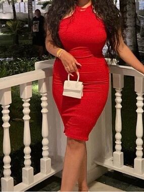 Red Bodycon Halter Midi Dress - Women
